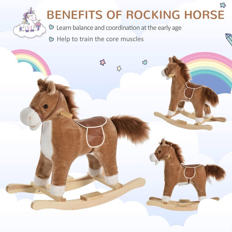 Qaba Rocking Horse Plush Animal on Wooden Rockers, Baby Rocking Chair with Sounds, Moving Mouth, Wagging Tail, Brown - Image 3
